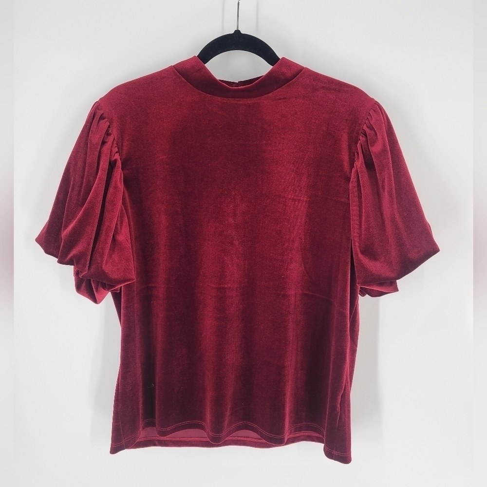 Koko + Mason Women's Burgundy Velvet High Neck Balloon Sleeve Top Blouse Size L
